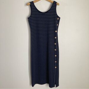 Tribal Navy Blue Striped Tank Midi Dress with Side Buttons Amazing Dress!